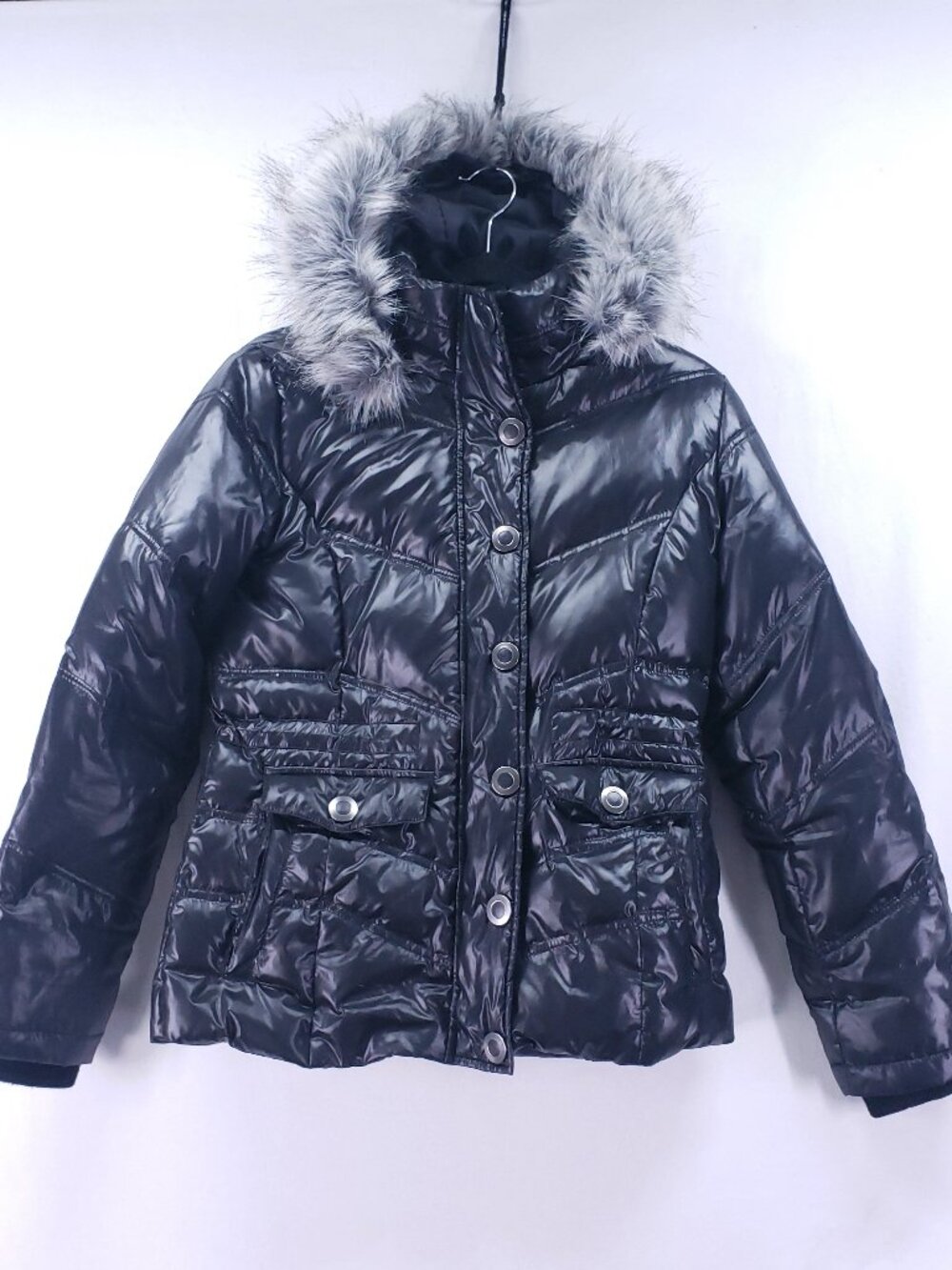 New York & Company Women's Black Puffer Jacket Size XS Hood Faux Fur Zip Snap